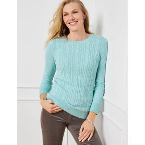 Talbots Tweed Cable Knit Sweater Light Blue Speckled Crew Neck Button Medium Pet